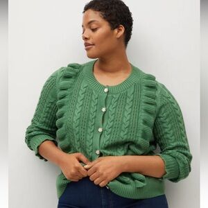 Violeta Green Cotton Ruffle Openwork Cable Knit Cardigan Size XL